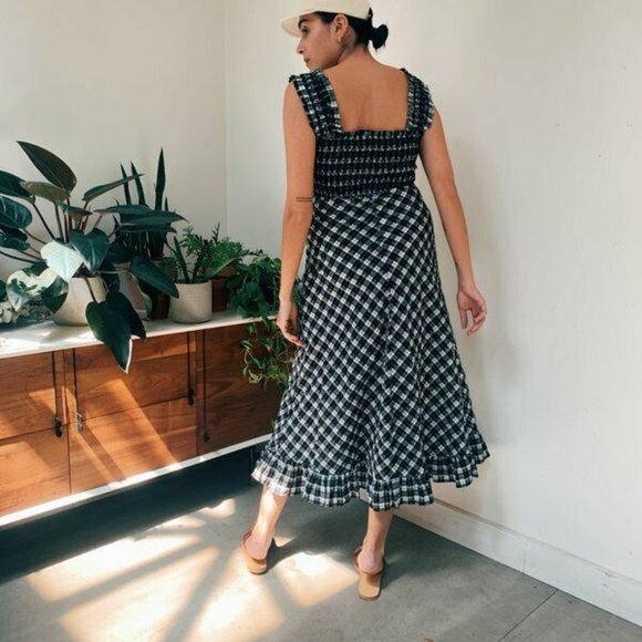 Ganni | Dresses | New Ganni Seersucker Black And White Check Gingham  Smocked Dress Midi Sz 38 Us 6 | Poshmark